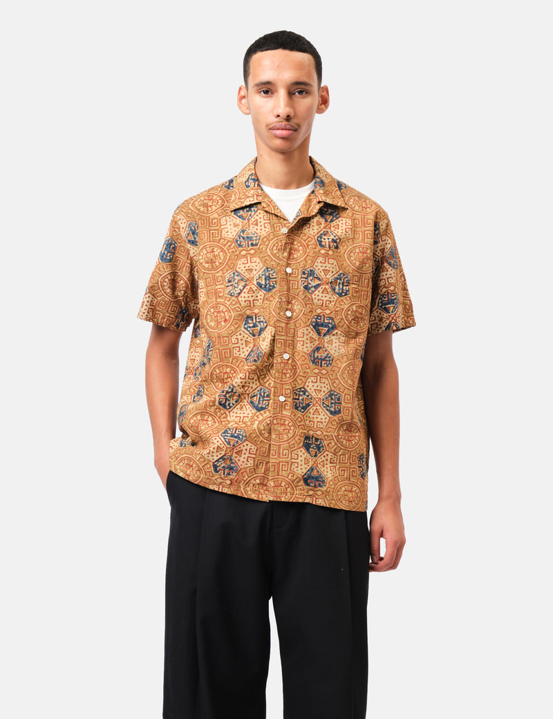 Beams Plus Open Collar Block Print - Brown