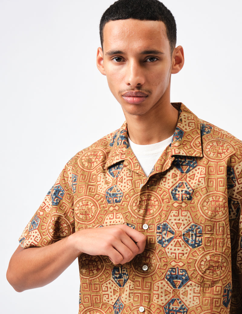 Beams Plus Open Collar Block Print - Brown