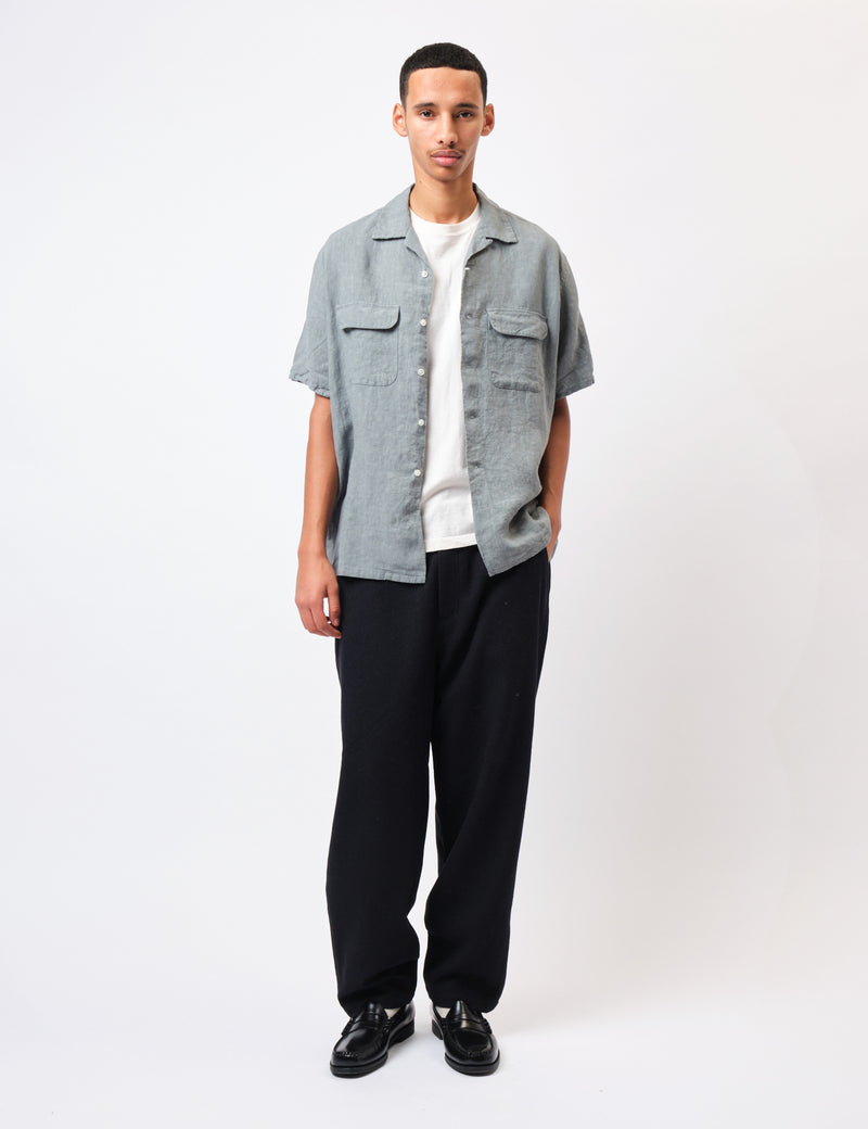 Beams Plus Open Collar 1/40 Linen Shirt - Sax Blue
