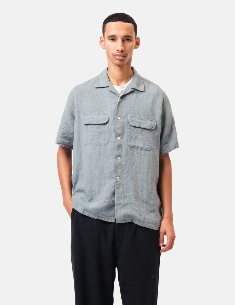 Beams Plus Open Collar 1/40 Linen Shirt - Sax Blue