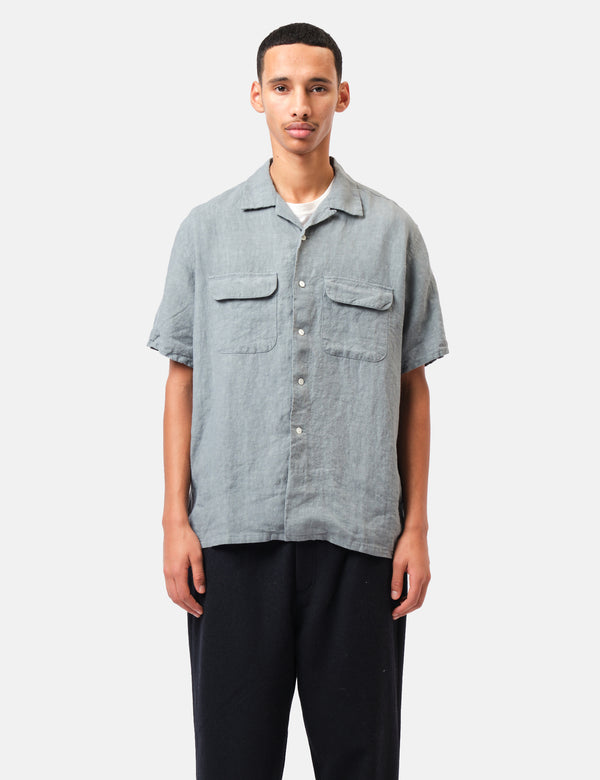 Beams Plus Open Collar 1/40 Linen Shirt - Sax Blue