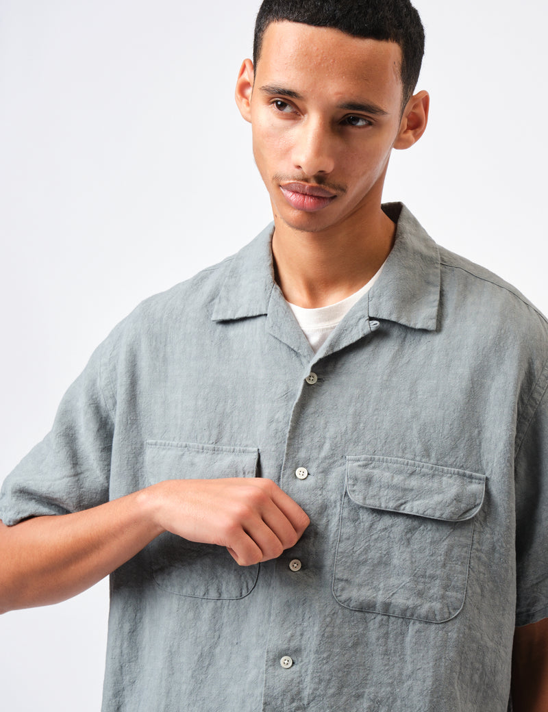 Beams Plus Open Collar 1/40 Linen Shirt - Sax Blue