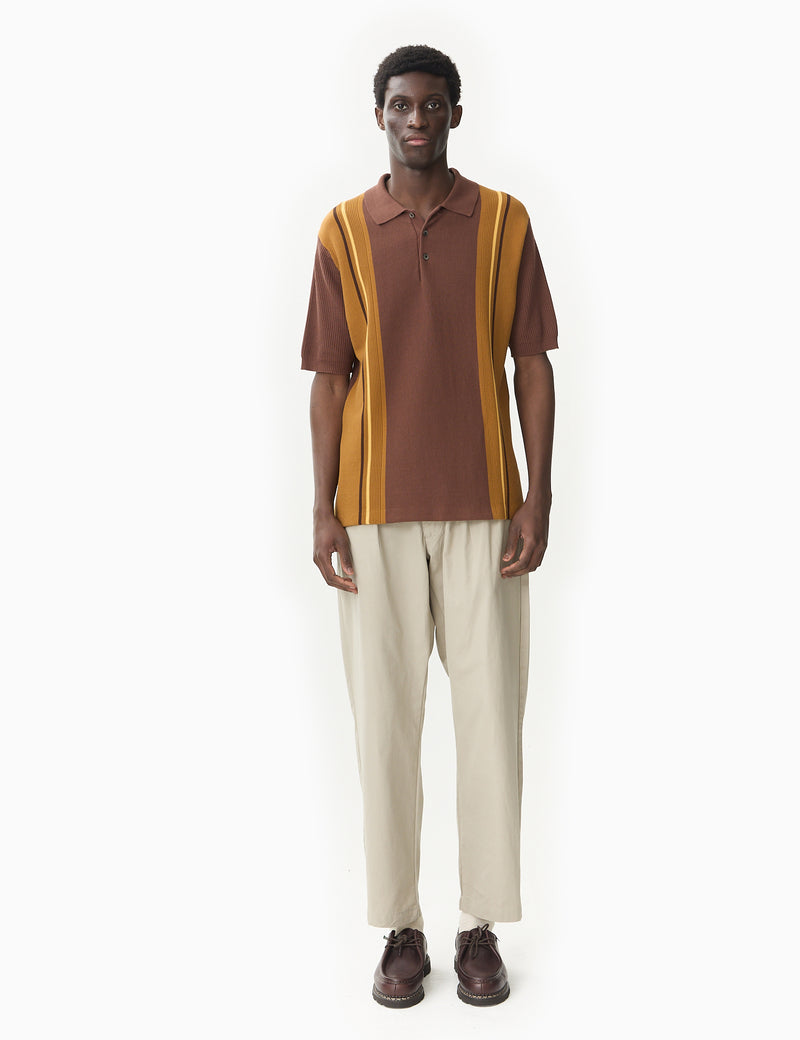 Beams Plus Knit Polo Shirt Stripe - Brown