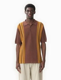 Beams Plus Knit Polo Shirt Stripe - Brown