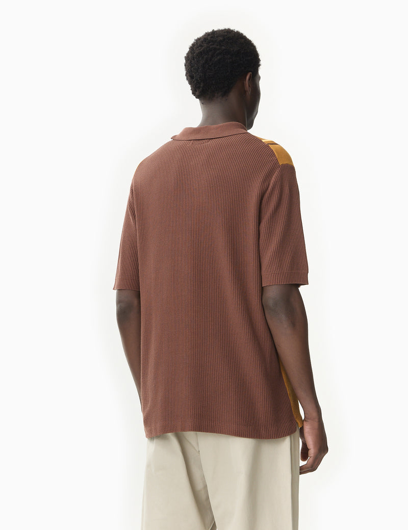 Beams Plus Knit Polo Shirt Stripe - Brown