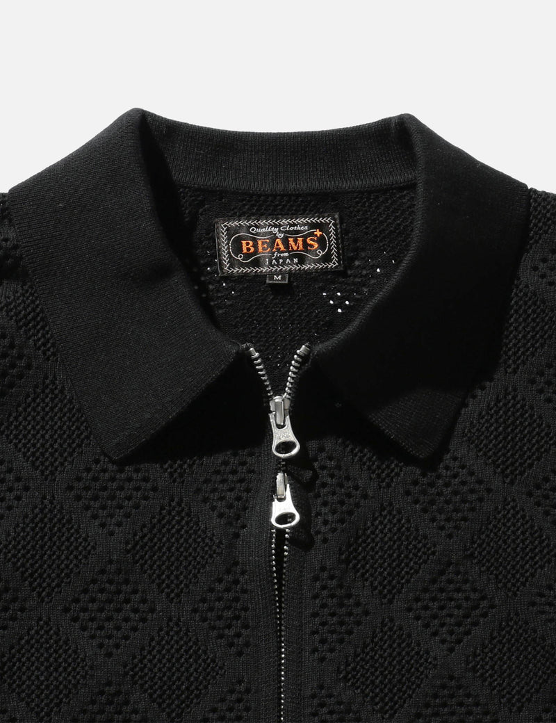 Beams Plus Zip Mesh Knit Polo Shirt - Black