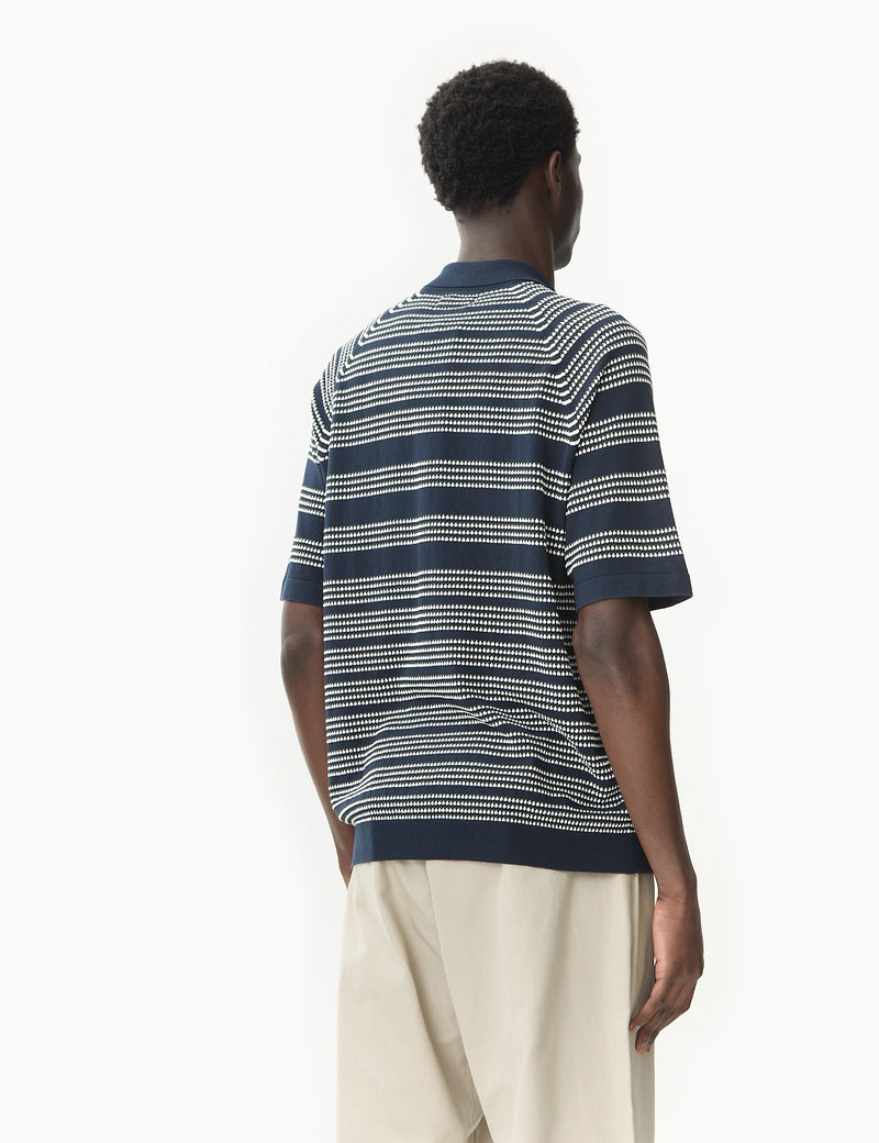Beams Plus Half Zip Knit Jacquard Polo Shirt - Navy Blue