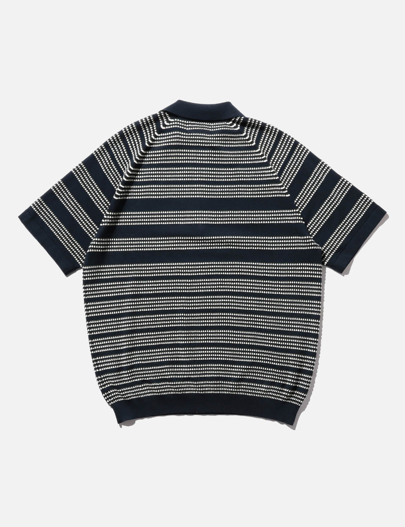 Beams Plus Half Zip Knit Jacquard Polo Shirt - Navy Blue