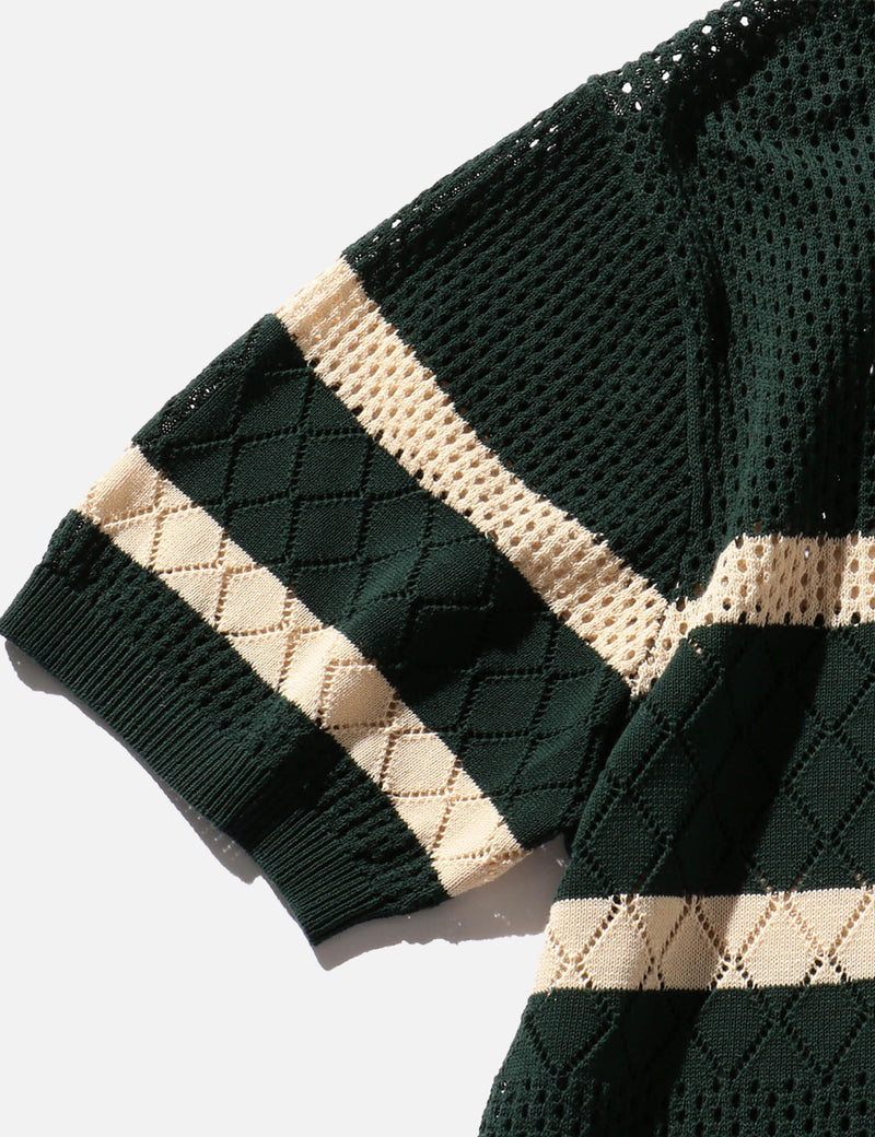 Beams Plus Stripe Mesh Knit Polo Shirt - Green