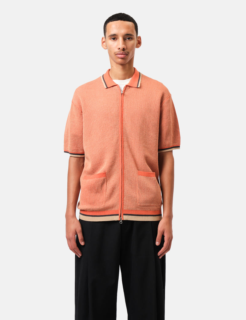 Beams Plus Zip Knit Polo Shirt - Orange