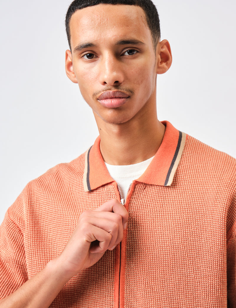 Beams Plus Zip Knit Polo Shirt - Orange