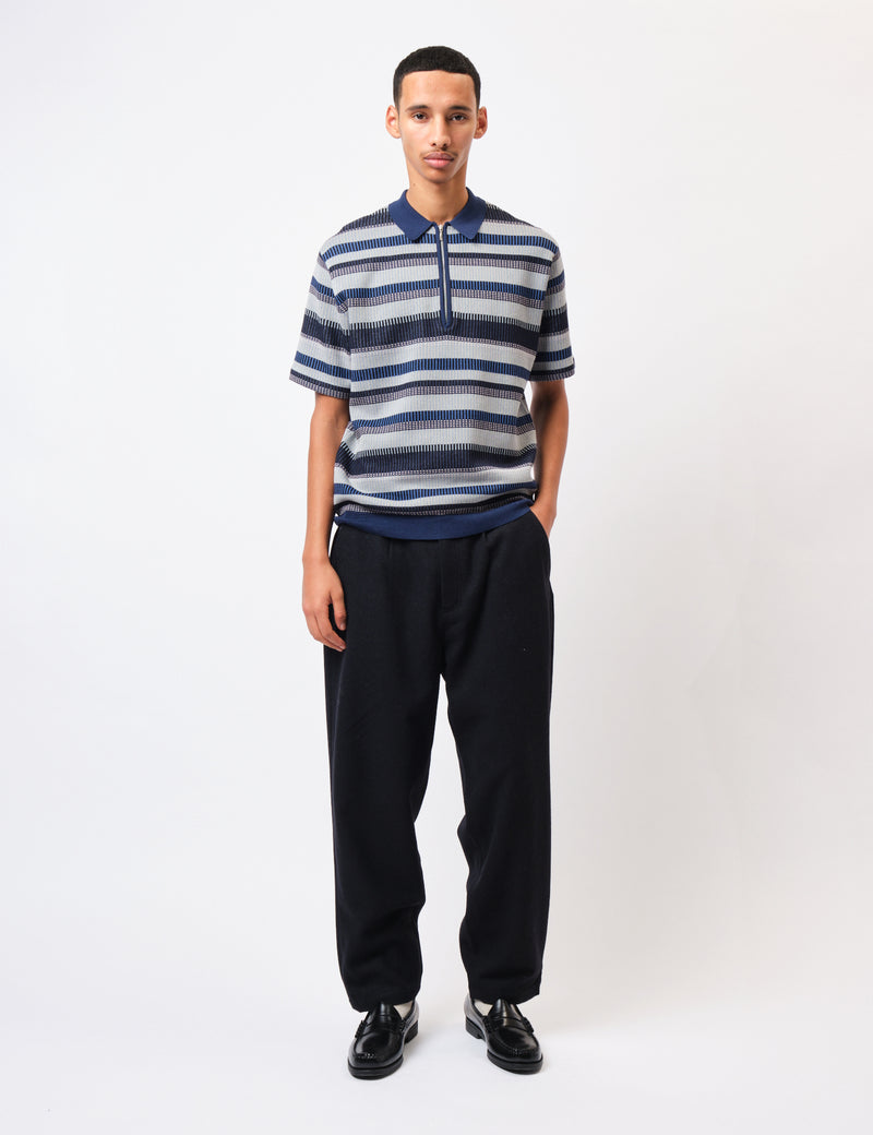 Beams Plus Half Zip Knit Polo Shirt - Navy Blue