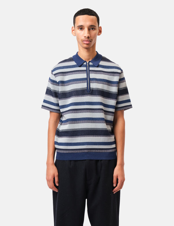 Beams Plus Half Zip Knit Polo Shirt - Navy Blue