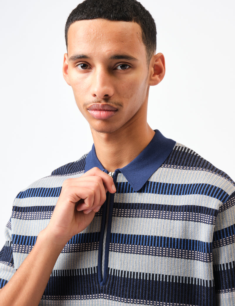 Beams Plus Half Zip Knit Polo Shirt - Navy Blue