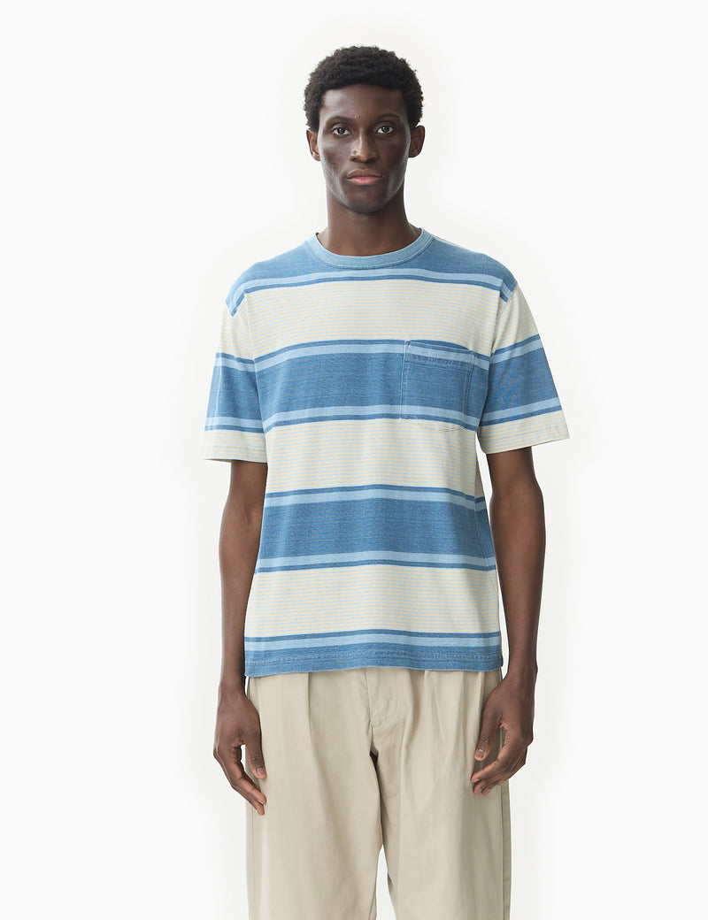 Beams Plus Indigo Stripe Pocket T-Shirt - Blue/Ecru