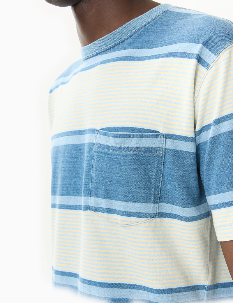 Beams Plus Indigo Stripe Pocket T-Shirt - Blue/Ecru