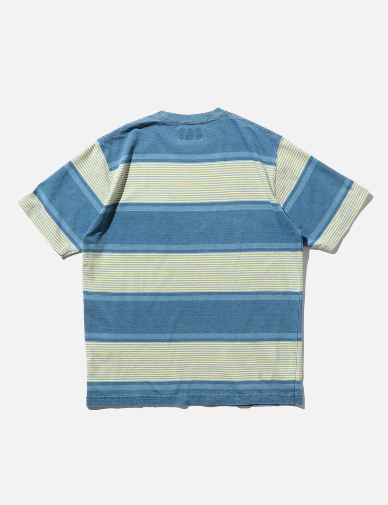 Beams Plus Indigo Stripe Pocket T-Shirt - Blue/Ecru