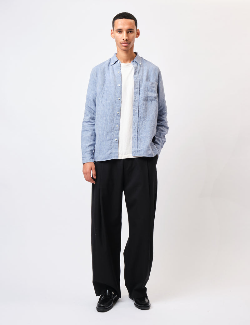 Beams Plus Button Down 1/40 Linen Chambray Shirt - Blue
