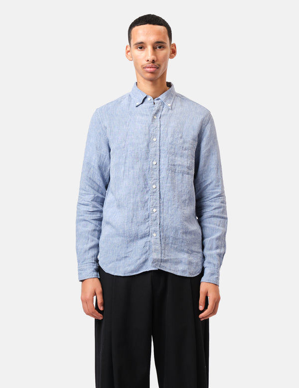 Beams Plus Button Down 1/40 Linen Chambray Shirt - Blue