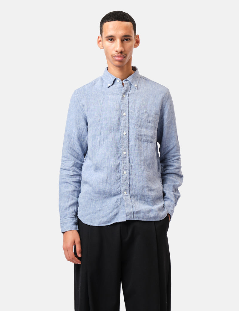 Beams Plus Button Down 1/40 Linen Chambray Shirt - Blue