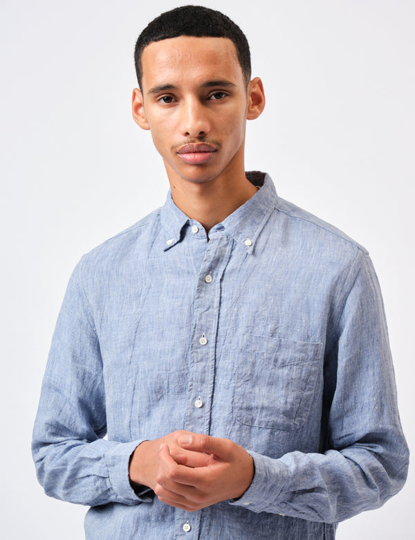 Beams Plus Button Down 1/40 Linen Chambray Shirt - Blue