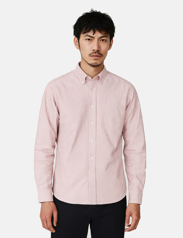Beams Plus Button Down Oxford Candy Stripe Shirt - Wine