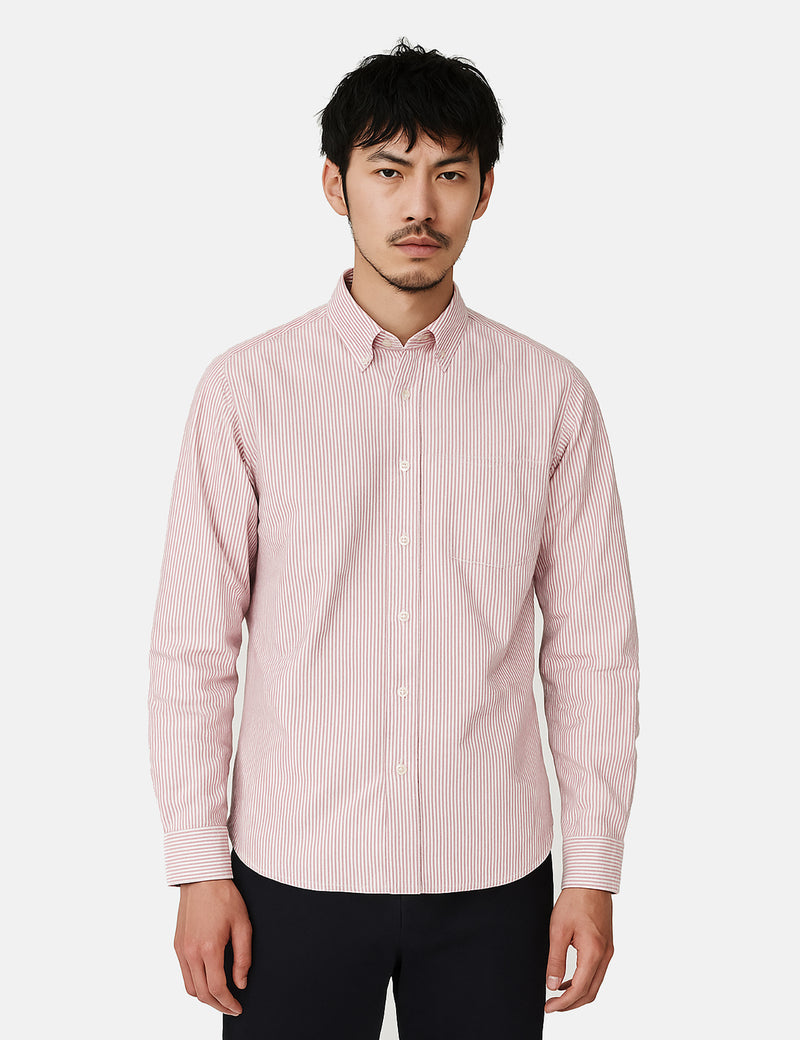 Beams Plus Button Down Oxford Candy Stripe Shirt - Wine
