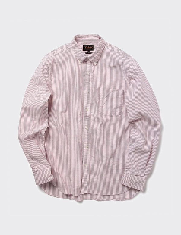 Beams Plus Button Down Oxford Candy Stripe Shirt - Wine