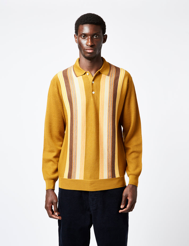 Beams Plus Knit Polo (Stripe) - Mustard Yellow