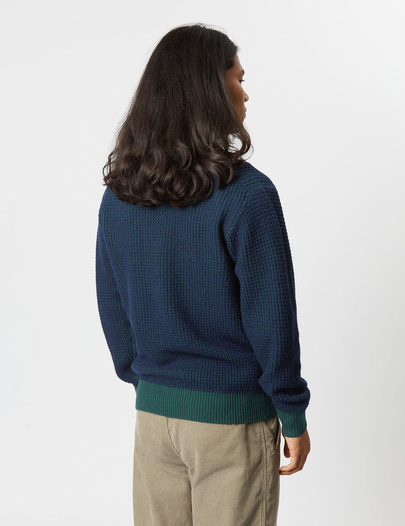 Beams Plus Knit Polo (Crochet) - Green/Navy