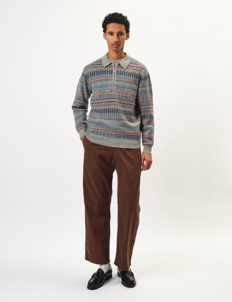 Beams Plus Half Zip Knitted Jacquard Polo - Grey