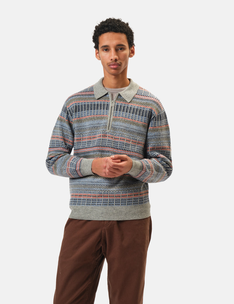 Beams Plus Half Zip Knitted Jacquard Polo - Grey