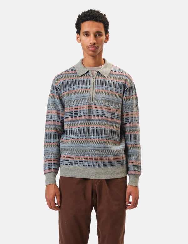 Beams Plus Half Zip Knitted Jacquard Polo - Grey
