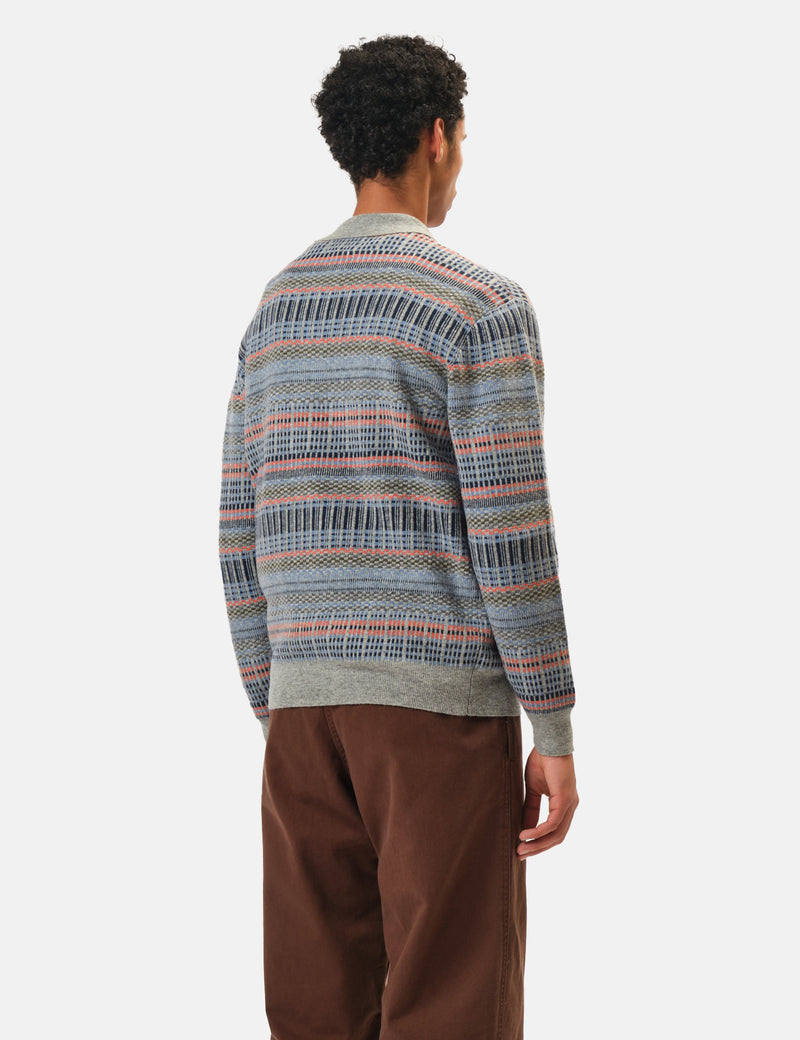 Beams Plus Half Zip Knitted Jacquard Polo - Grey