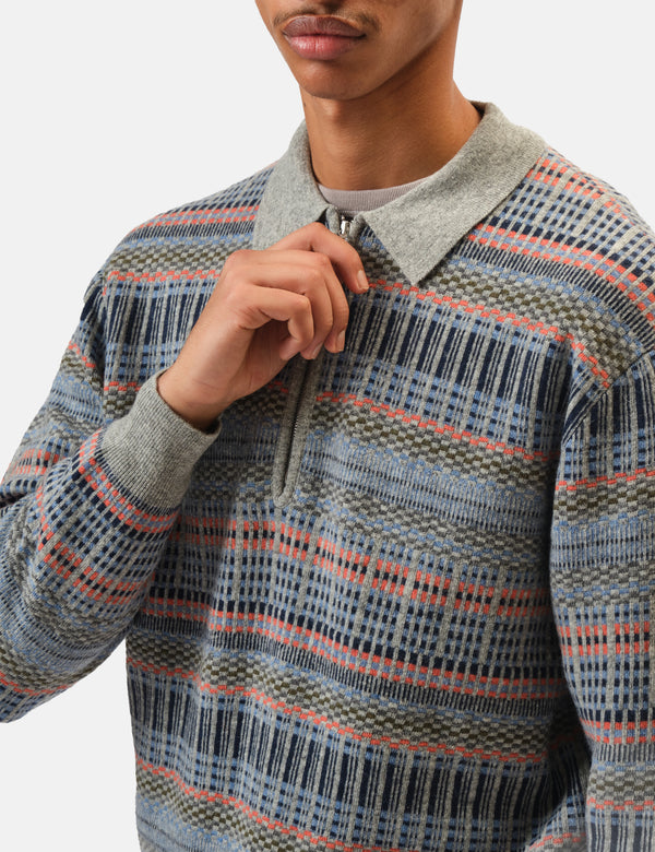 Beams Plus Half Zip Knitted Jacquard Polo - Grey