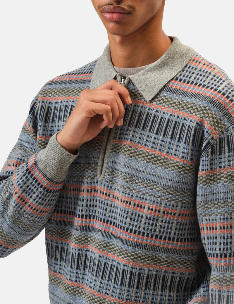 Beams Plus Half Zip Knitted Jacquard Polo - Grey