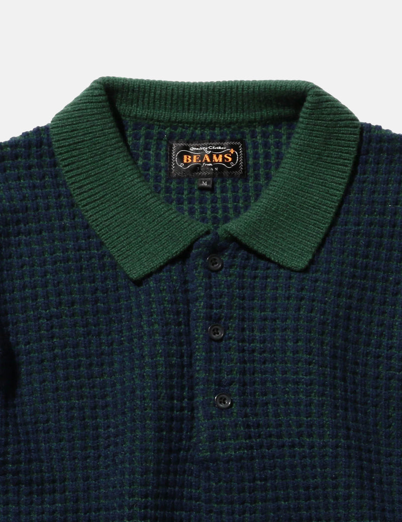 Beams Plus Knit Polo (Crochet) - Green/Navy