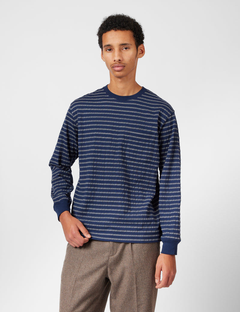 Beams Pocket T-Shirt (Jacquard Stripe) - Navy Blue