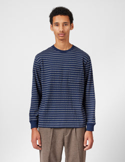 Beams Pocket T-Shirt (Jacquard Stripe) - Navy Blue