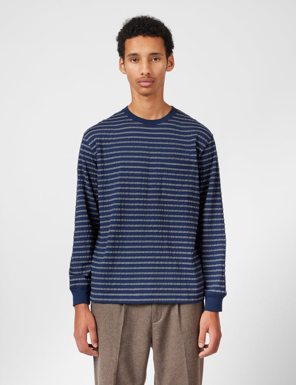 Beams Pocket T-Shirt (Jacquard Stripe) - Navy Blue