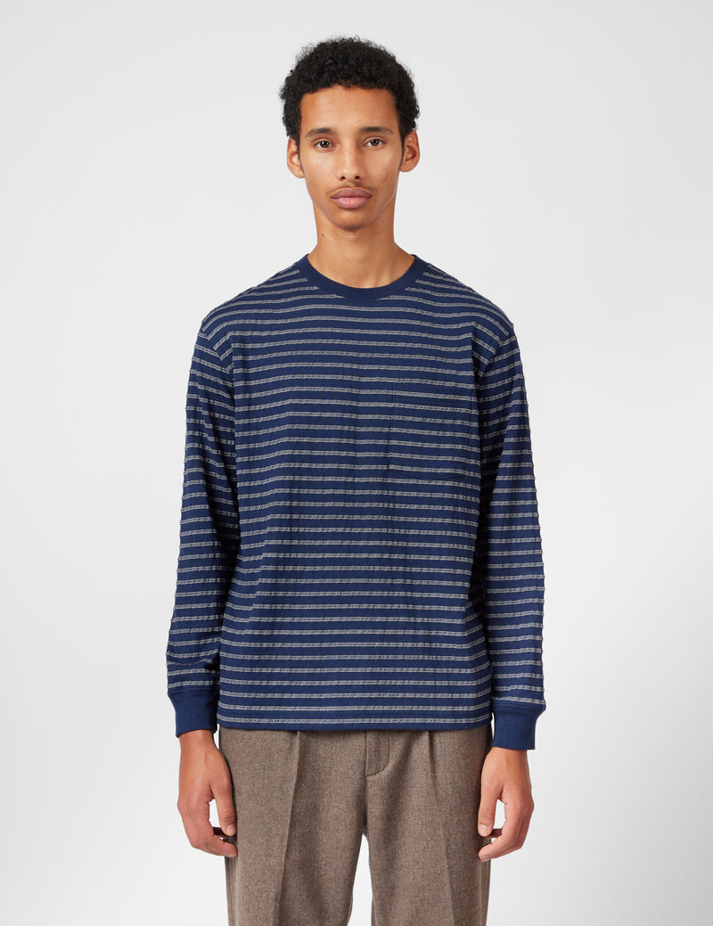 Beams Pocket T-Shirt (Jacquard Stripe) - Navy Blue