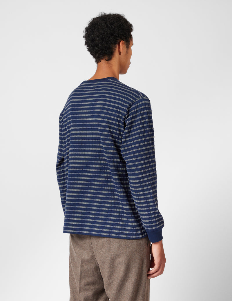 Beams Pocket T-Shirt (Jacquard Stripe) - Navy Blue