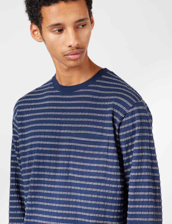 Beams Pocket T-Shirt (Jacquard Stripe) - Navy Blue