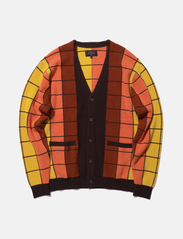 Beams Plus Intarsia Garter Stitch Cardigan - Brown