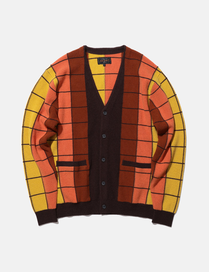 Beams Plus Intarsia Garter Stitch Cardigan - Brown