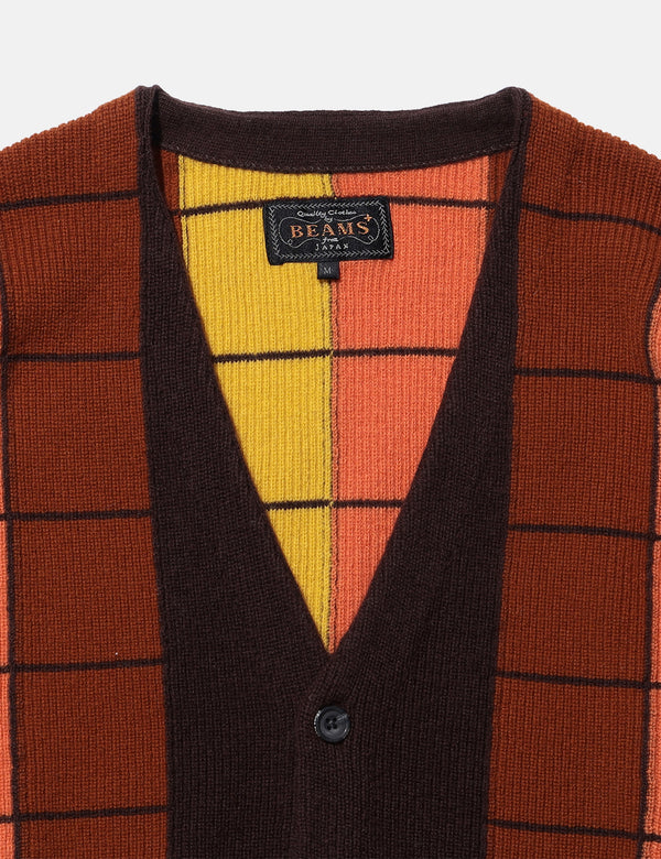 Beams Plus Intarsia Garter Stitch Cardigan - Brown