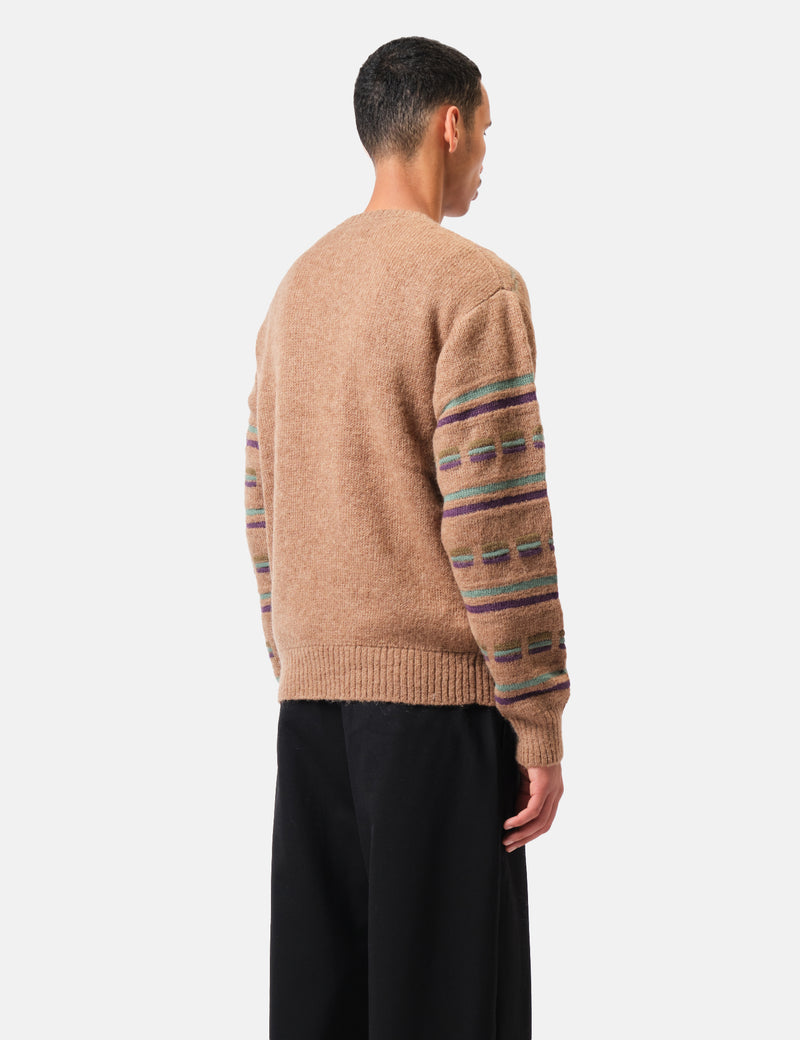 Beams Plus Jacquard Stripe Knitted Crew - Brown