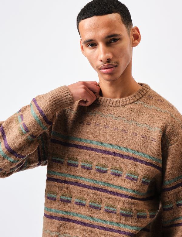 Beams Plus Jacquard Stripe Knitted Crew - Brown