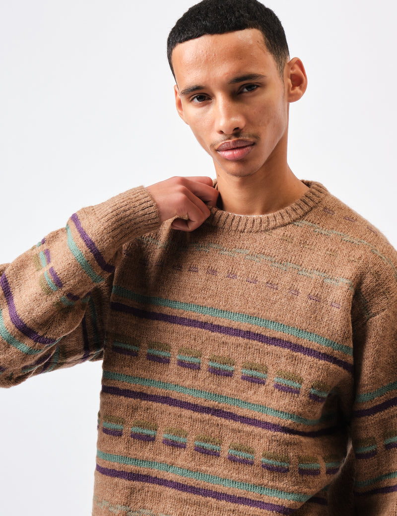 Beams Plus Jacquard Stripe Knitted Crew - Brown