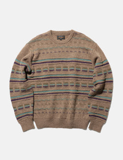 Beams Plus Jacquard Stripe Knitted Crew - Brown